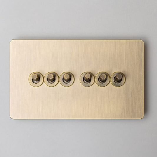 Foundry 6 Gang 2 Way Knurled Toggle Switch 146x86mm – Antique Brass