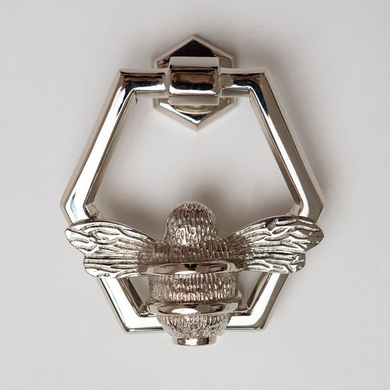 Brass Bumble Bee Honeycomb Door Knocker - Nickel Finish - Brass bee