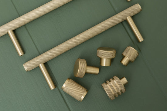 Solid Brass Knurled Kitchen Pull Handles & Knobs - Satin Brass - Brass bee