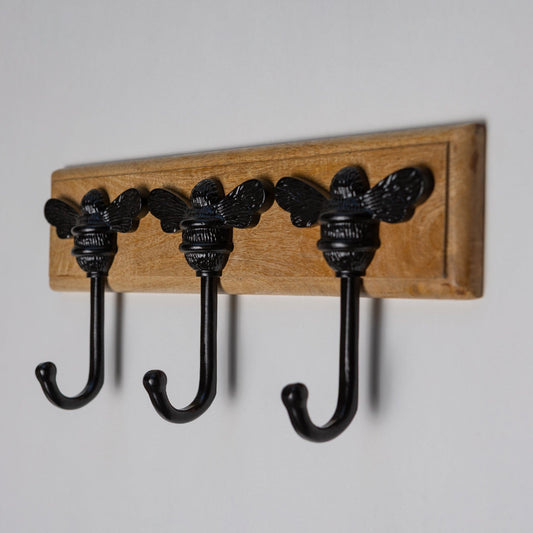 Wooden Hook Rack - 3 x Brass bee Coat Hook - Black Finish - Iron