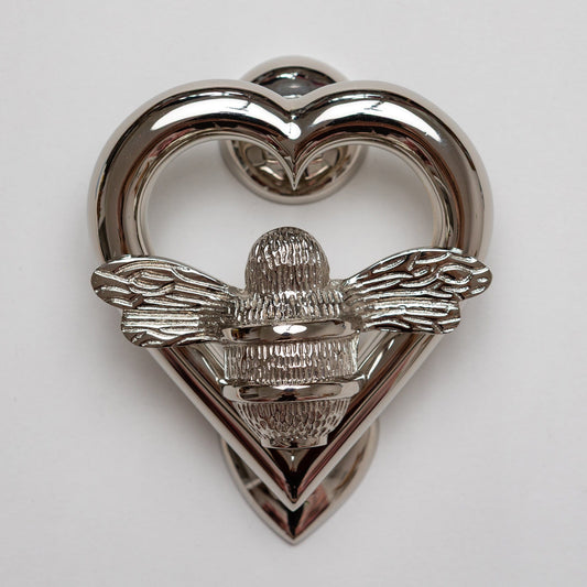 Brass Bumble Bee Heart Door Knocker - Nickel Finish - Brass bee
