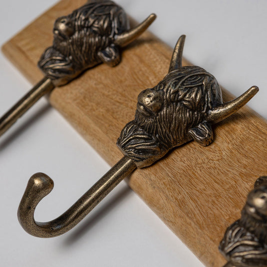 Wooden Hook Rack - 3 x Highland Cow Coat Hook - Heritage Finish