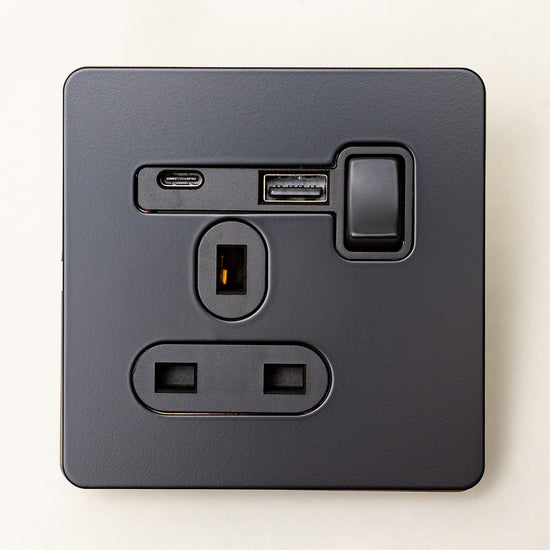 Foundry Series Knurled Toggle Switch and Sockets – Matte Black - Brass bee