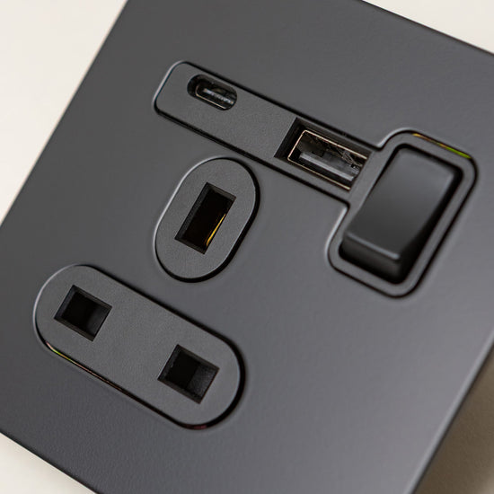 Foundry Series Knurled Toggle Switch and Sockets – Matte Black - Brass bee