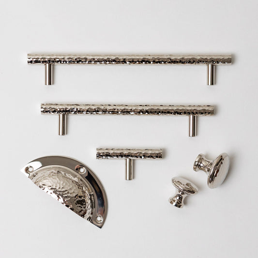 Solid Brass Nickel Hammered Cabinet Pull Handles & Knobs - Polished Nickel Finish