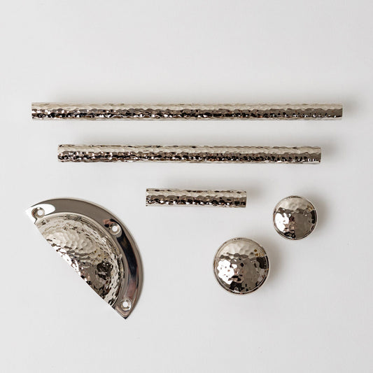 Solid Brass Nickel Hammered Cabinet Pull Handles & Knobs - Polished Nickel Finish
