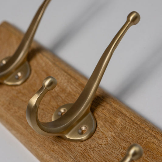 Wooden Hook Rack - 3 x Oval Coat Hook - Satin Brass Finish