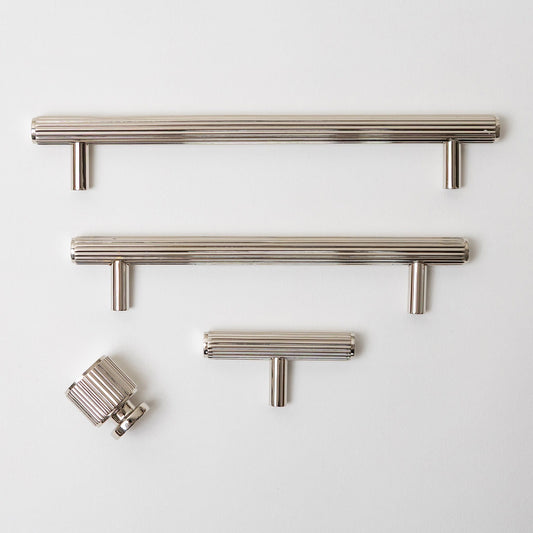 Solid Brass Straight Knurled Kitchen Pull Handles & Knobs - Polished Nickel Finish