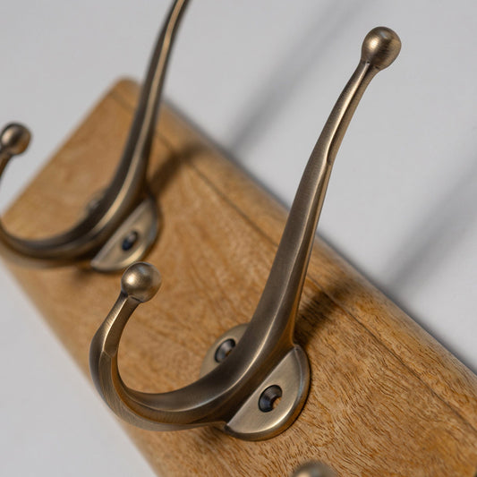 Wooden Hook Rack - 3 x Oval Coat Hook - Antique Brass Finish