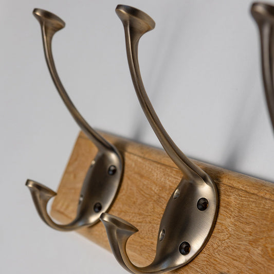 Wooden Hook Rack - 3 x Signature Coat Hook - Antique Brass Finish