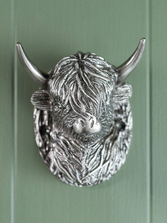 Highland Cow Door Knocker - Pewter Finish - Brass bee