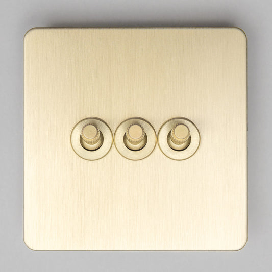 Straight Knurled 3 Gang 2 Way Toggle Switch – Satin Brass