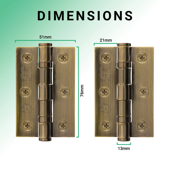 Antique Brass Fire Door Hinges  - 3 Inch/76mm - Grade 7 Ball Bearing - Sold as a Pair - Brass bee