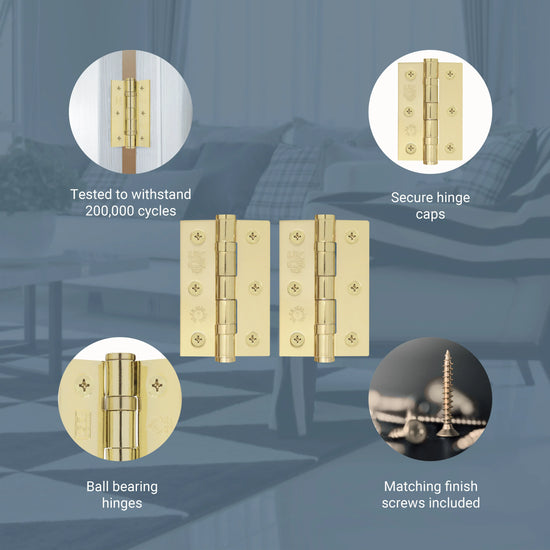 Satin Brass Fire Door Hinges  - 3 Inch/76mm - Grade 7 Ball Bearing - Sold as a Pair - Brass bee