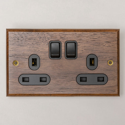W-Series Double 13A Switched Socket – Black Walnut