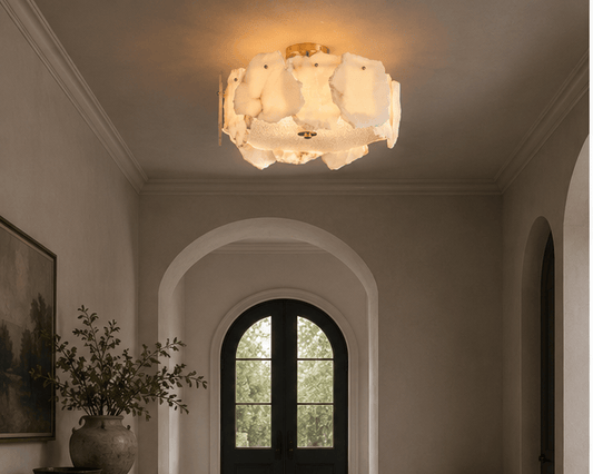 Alabaster Flush Ceiling Light – Solid Brass, Antique Brass Finish
