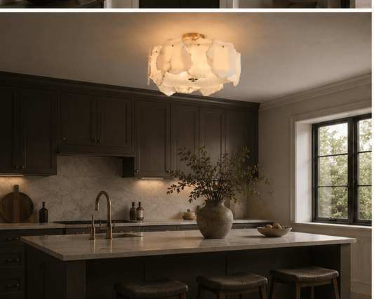 Alabaster Flush Ceiling Light – Solid Brass, Antique Brass Finish