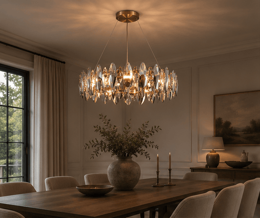 Ellipse Crystal Chandelier Ceiling Light – Antique Brass Finish