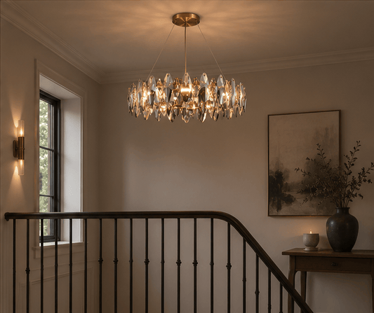 Ellipse Crystal Chandelier Ceiling Light – Antique Brass Finish
