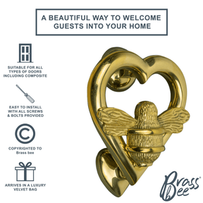 Brass Bumble Bee Heart Door Knocker - Brass Finish - Brass bee