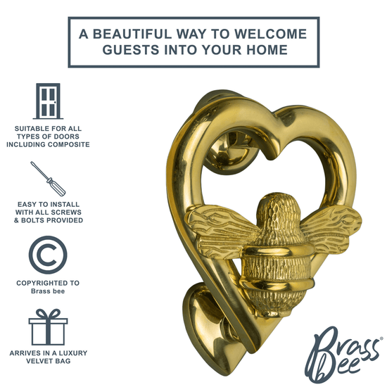 Brass Bumble Bee Heart Door Knocker - Brass Finish - Brass bee
