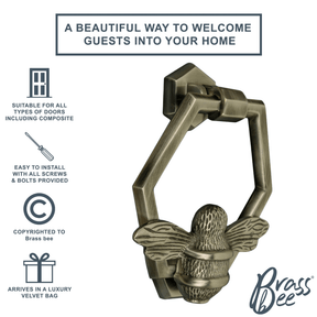 Brass Bumble Bee Honeycomb Door Knocker - Pewter Finish - Brass bee