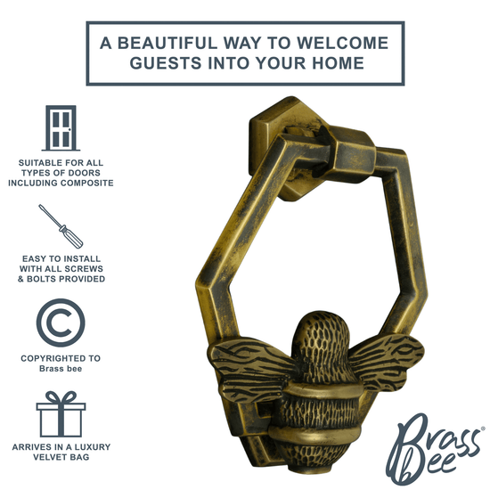 Brass Bumble Bee Honeycomb Door Knocker - Antique Brass Finish - Brass bee