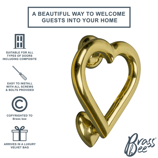 Brass Love Heart Door Knocker - Brass Finish - Brass bee