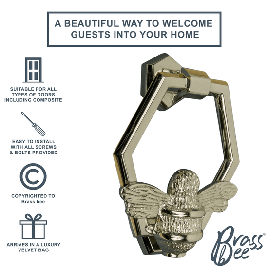 Brass Bumble Bee Honeycomb Door Knocker - Nickel Finish - Brass bee