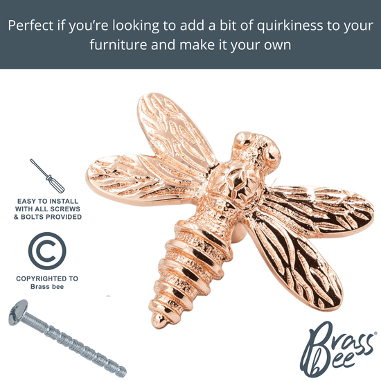 Brass Dragonfly Drawer Knob - Rose Gold Finish - Brass bee