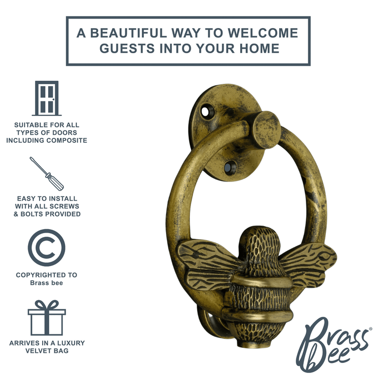 Brass Bumble Bee Ring Door Knocker - Antique Brass Finish - Brass bee